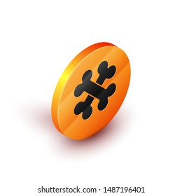 Isometric Crossed bones icon isolated on white background. Pets food symbol. Orange circle button. Vector Illustration