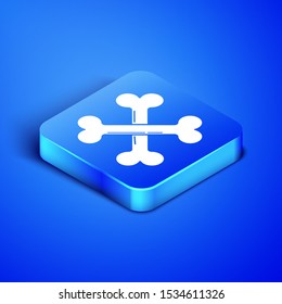 Isometric Crossed bones icon isolated on blue background. Pets food symbol. Happy Halloween party. Blue square button. Vector Illustration
