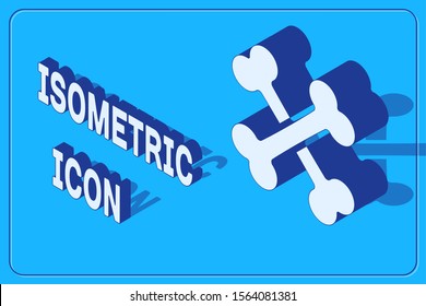 Isometric Crossed bones icon isolated on blue background. Pets food symbol.  Vector Illustration