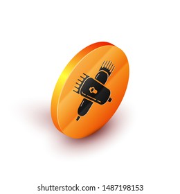 Isometric Crossed electrical hair clipper or shaver icon isolated on white background. Barbershop symbol. Orange circle button. Vector Illustration