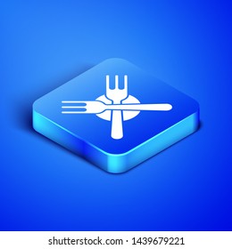 Isometric Crossed fork icon isolated on blue background. Cutlery symbol. Blue square button. Vector Illustration
