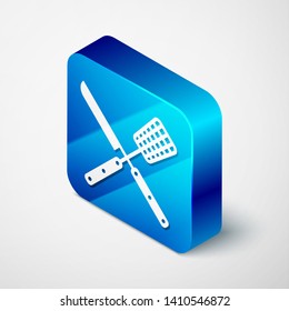 Isometric Crossed fork and knife icon isolated on white background. BBQ fork and knife sign. Barbecue and grill tools. Blue square button. Vector Illustration