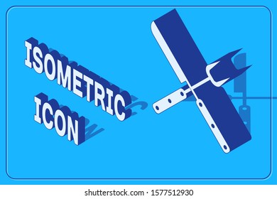 Isometric Crossed fork and knife icon isolated on blue background. BBQ fork and knife sign. Barbecue and grill tools.  Vector Illustration