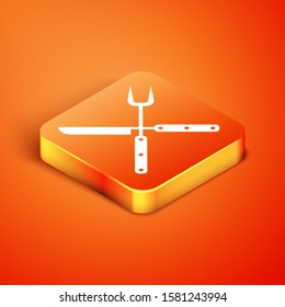Isometric Crossed fork and knife icon isolated on orange background. BBQ fork and knife sign. Barbecue and grill tools.  Vector Illustration