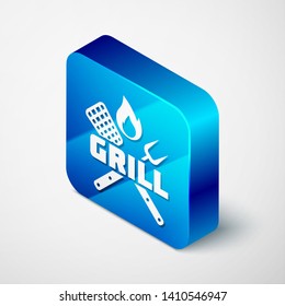 Isometric Crossed fork and spatula icon isolated on white background. Fire flame sign. BBQ fork and spatula sign. Barbecue and grill tools. Blue square button. Vector Illustration