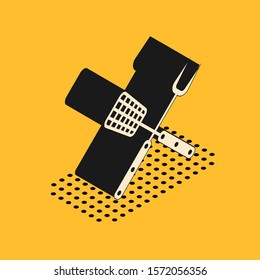 Isometric Crossed fork and spatula icon isolated on yellow background. BBQ fork and spatula sign. Barbecue and grill tools.  Vector Illustration