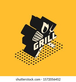 Isometric Crossed fork and spatula icon isolated on yellow background. Fire flame sign. BBQ fork and spatula sign. Barbecue and grill tools.  Vector Illustration