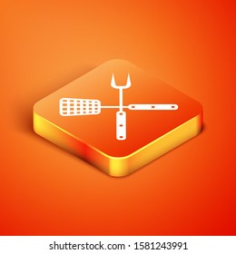 Isometric Crossed fork and spatula icon isolated on orange background. BBQ fork and spatula sign. Barbecue and grill tools.  Vector Illustration