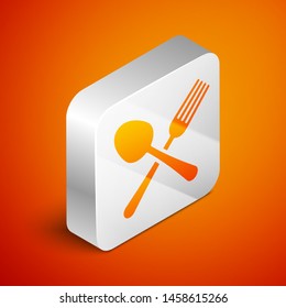 Isometric Crossed fork and spoon icon isolated on orange background. Cooking utensil. Cutlery sign. Silver square button. Vector Illustration