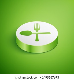 Isometric Crossed fork and spoon icon isolated on green background. Cooking utensil. Cutlery sign. White circle button. Vector Illustration
