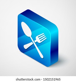 Isometric Crossed fork and spoon icon isolated on white background. Cooking utensil. Cutlery sign. Blue square button. Vector Illustration