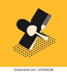Isometric Crossed fork and spoon icon isolated on yellow background. Cooking utensil. Cutlery sign.  Vector Illustration