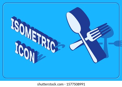 Isometric Crossed fork and spoon icon isolated on blue background. Cooking utensil. Cutlery sign.  Vector Illustration