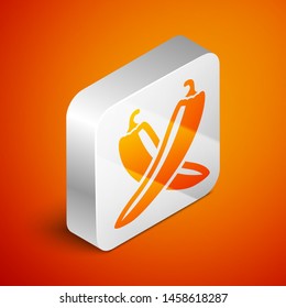 Isometric Crossed hot chili pepper pod icon isolated on orange background. Design for grocery, culinary products, seasoning and spice package. Silver square button. Vector Illustration