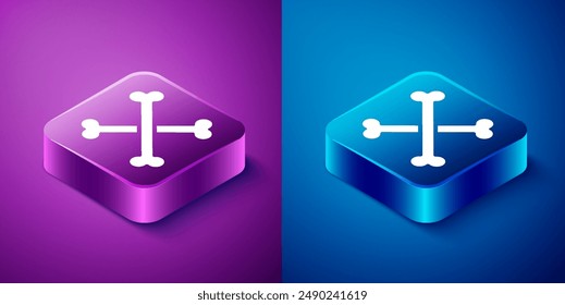 Isometric Crossed human bones icon isolated on blue and purple background. Square button. Vector