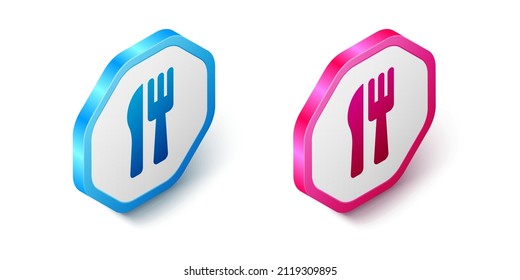 Isometric Crossed knife and fork icon isolated on white background. Cutlery symbol. Hexagon button. Vector