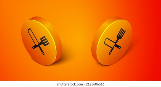 Isometric Crossed knife and fork icon isolated on orange background. Cutlery symbol. Orange circle button. Vector