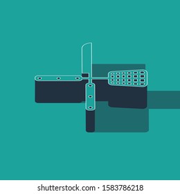 Isometric Crossed knife and spatula icon isolated on green background. BBQ knife and spatula sign. Barbecue and grill tools.  Vector Illustration