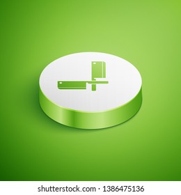 Isometric Crossed meat chopper icon isolated on green background. Kitchen knife for meat. Butcher knife. White circle button. Vector Illustration