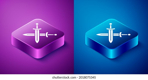 Icono de la espada medieval isométrica cruzada aislado en fondo azul y púrpura. arma medieval. Botón cuadrado. Vector