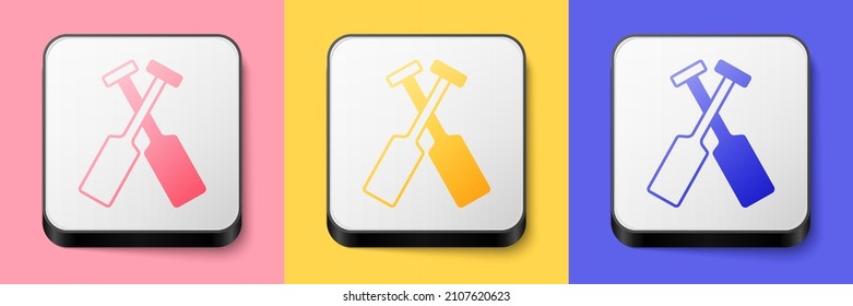 Isometric Crossed oars or paddles boat icon isolated on pink, yellow and blue background. Square button. Vector