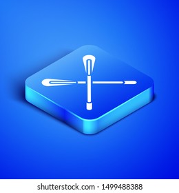 Isometric Crossed paddle icon isolated on blue background. Paddle boat oars. Blue square button. Vector Illustration