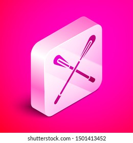 Isometric Crossed paddle icon isolated on pink background. Paddle boat oars. Silver square button. Vector Illustration