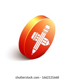 Isometric Crossed pencil with eraser icon isolated on white background. Drawing and educational tools. School office symbol. Orange circle button. Vector Illustration