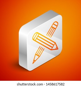 Isometric Crossed pencil icon isolated on orange background. Education sign. Drawing and educational tools. School office symbol. Silver square button. Vector Illustration