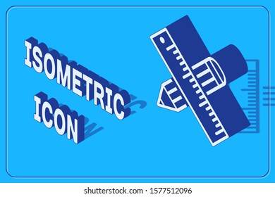 Isometric Crossed ruler and pencil icon isolated on blue background. Straightedge symbol. Drawing and educational tools.  Vector Illustration