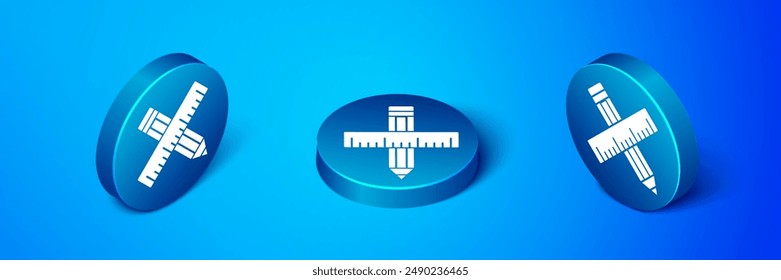 Isometric Crossed ruler and pencil icon isolated on blue background. Straightedge symbol. Drawing and educational tools. Blue circle button. Vector