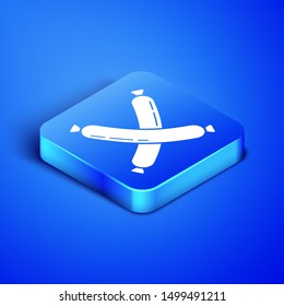 Isometric Crossed sausage icon isolated on blue background. Grilled sausage and aroma sign. Blue square button. Vector Illustration