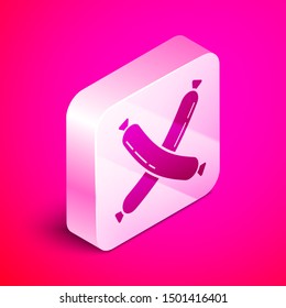 Isometric Crossed sausage icon isolated on pink background. Grilled sausage and aroma sign. Silver square button. Vector Illustration