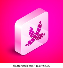 Isometric Crossed sausage icon isolated on pink background. Grilled sausage and aroma sign. Silver square button. Vector Illustration