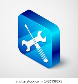 Isometric Crossed screwdriver and wrench tools icon isolated on white background. Service tool symbol. Blue square button. Vector Illustration