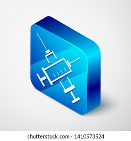 Isometric Crossed syringe icon isolated on white background. Syringe for vaccine, vaccination, injection, flu shot. Medical equipment. Blue square button. Vector Illustration