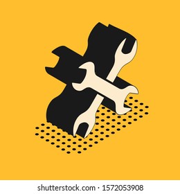 Isometric Crossed wrenchs icon isolated on yellow background. Spanner repair tool. Service tool symbol.  Vector Illustration