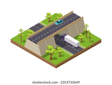 isometric crossroad with bridge and car