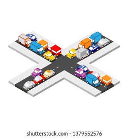 Isometric Crossroads intersection of streets of highways with traffic cars standing in jam. Conceptual Vector City Illustration