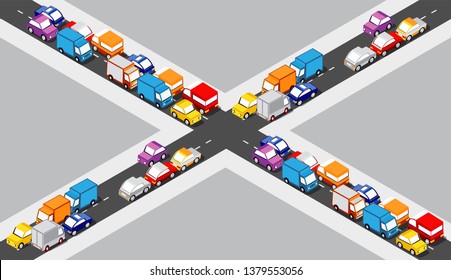 Isometric Crossroads intersection of streets of highways with traffic cars standing in jam. Seamless repeating background illustration