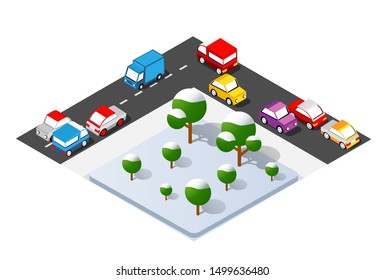 Isometric Crossroads intersection of streets of highways with traffic cars standing in jam