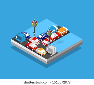Isometric Crossroads intersection of streets of highways with traffic cars standing in jam