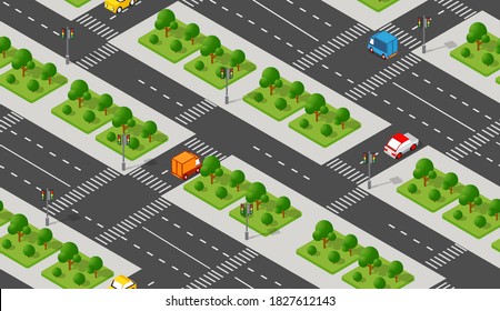 Isometric Crossroads intersection of streets of highways with traffic cars standing in jam. Seamless repeating background illustration