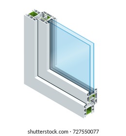 Isometric Cross-section diagram of a double glazed window pane PVC profile laminated wood grain, classic white. Flat vector illustration 