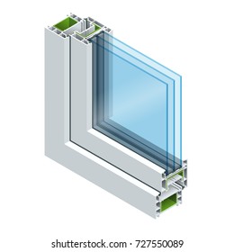 Isometric Cross-section diagram of a triple glazed window pane PVC profile laminated wood grain, classic white. Flat vector illustration 