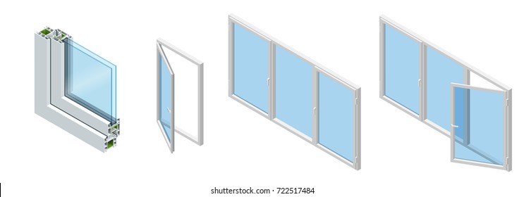 Isometric Cross-section through a window pane PVC profile laminated wood grain, classic white. Set of Cross-section diagram of glazed windows.