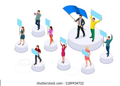 Isometric crowd of people protesters. Male and female protesters or activists. Holding banners and placards. Men and women taking part in political meeting, parade or rally. Vector illustration