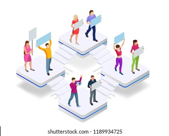 Isometric crowd of people protesters. Male and female protesters or activists. Holding banners and placards. Men and women taking part in political meeting, parade or rally. Vector illustration
