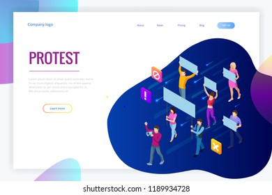 Isometric crowd of people protesters. Male and female protesters or activists. Holding banners and placards. Men and women taking part in political meeting, parade or rally. Vector illustration