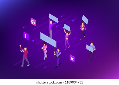 Isometric crowd of people protesters. Male and female protesters or activists. Holding banners and placards. Men and women taking part in political meeting, parade or rally. Vector illustration